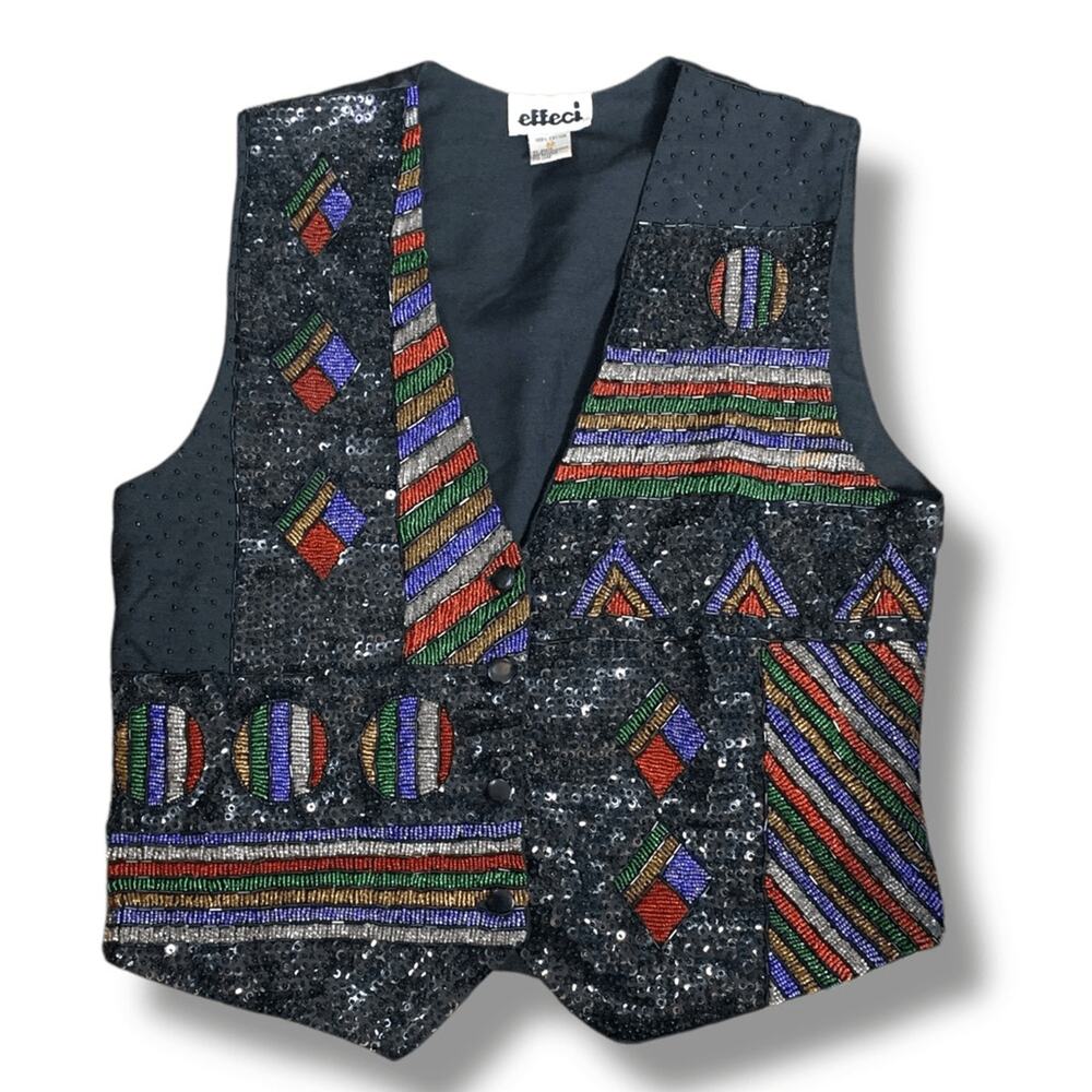 Vintage Effeci Black Sequin Beaded Suit Vest Geometric Abstract Art Medium